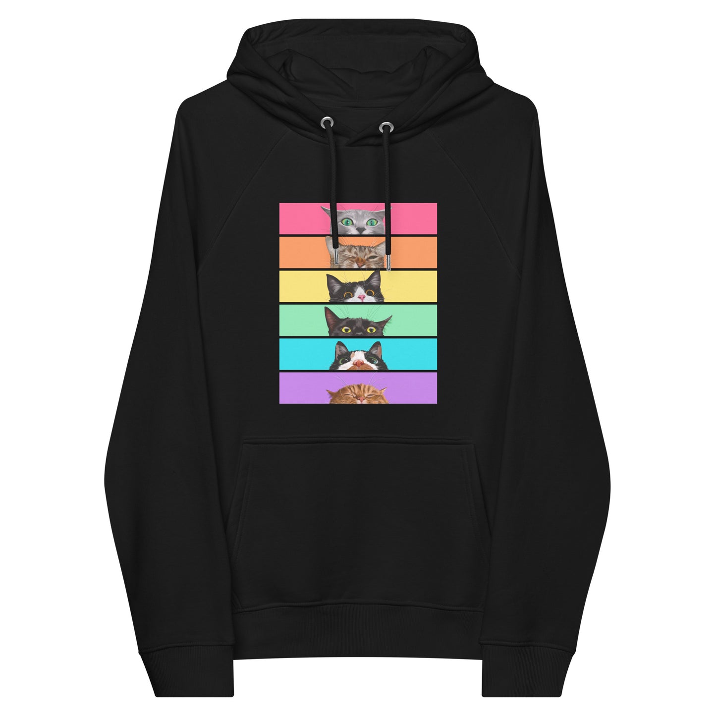 Peeking Rainbow Cats Unisex Eco Raglan Hoodie