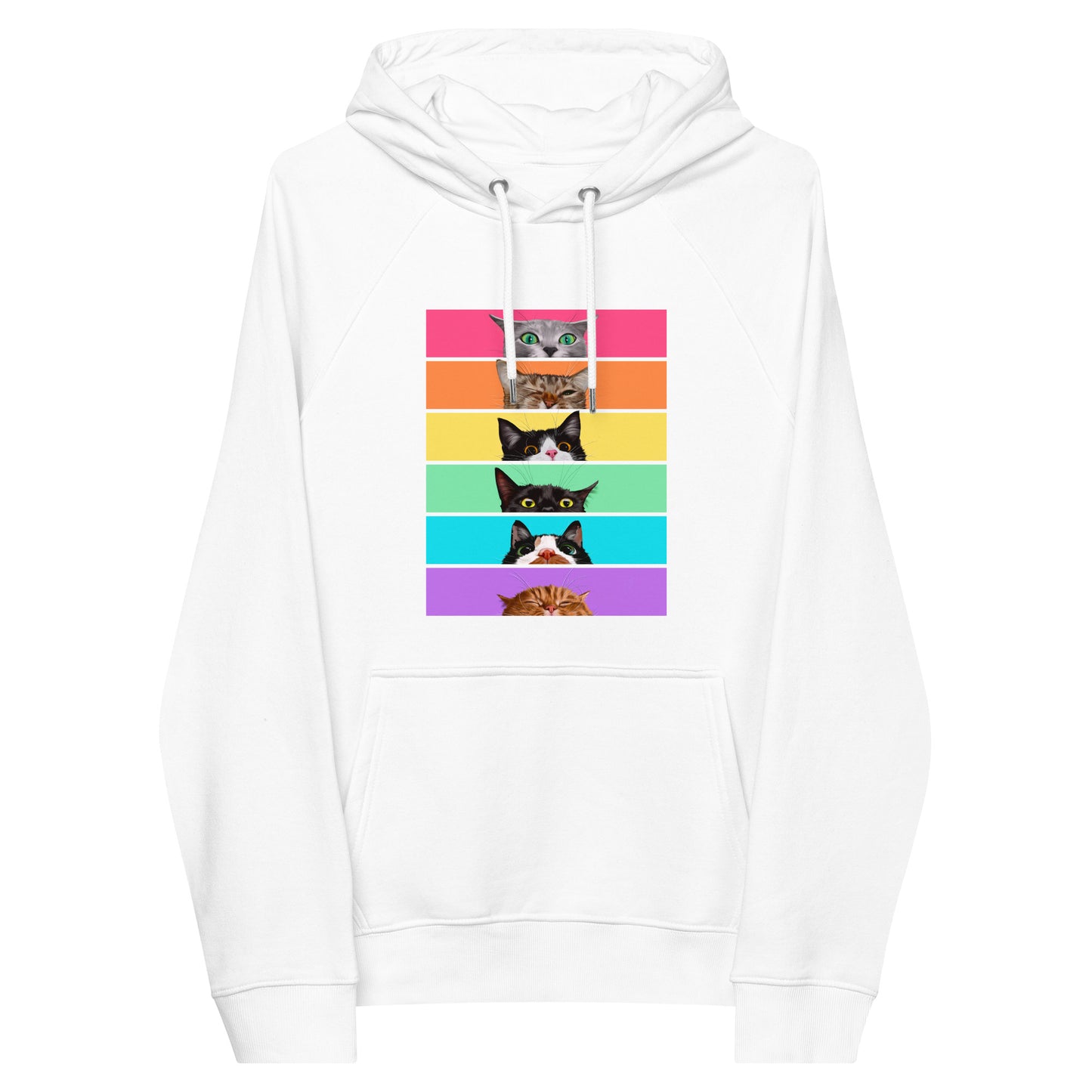 Peeking Rainbow Cats Unisex Eco Raglan Hoodie