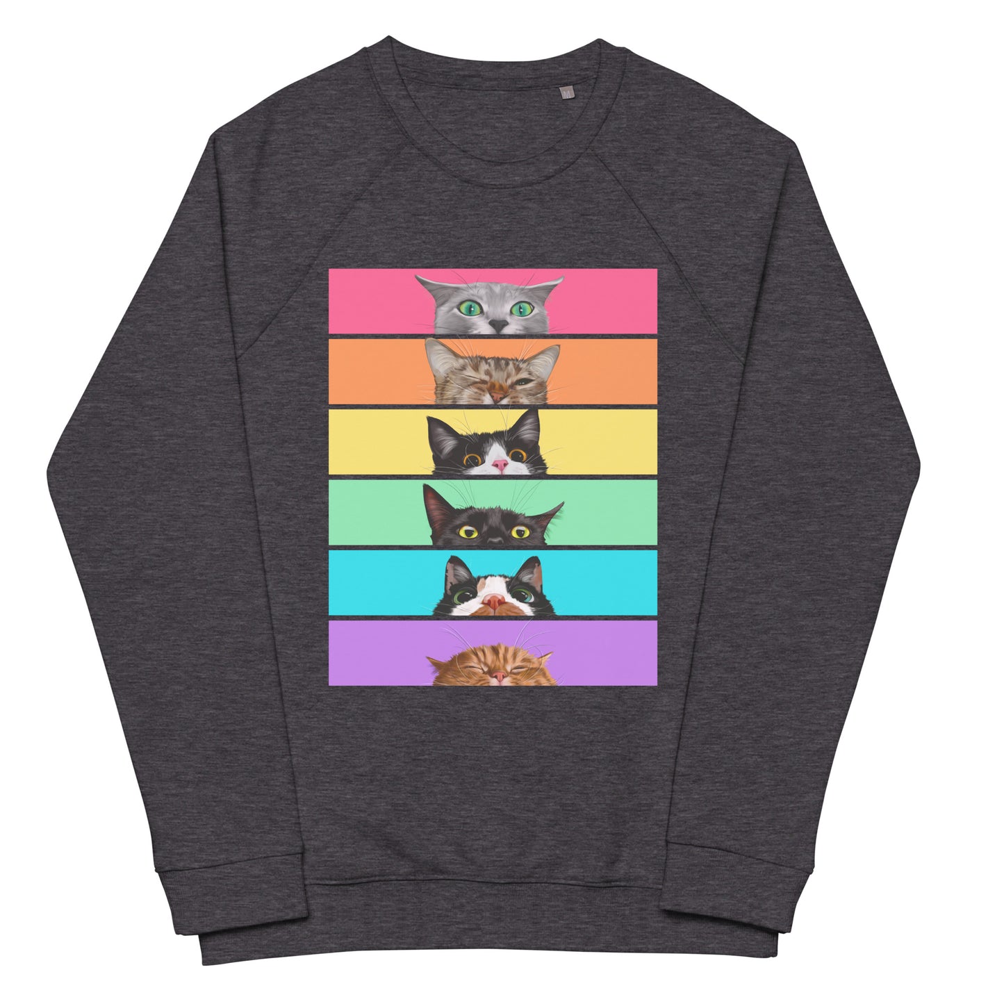 Peeking Rainbow Cats Unisex Organic Raglan Sweatshirt