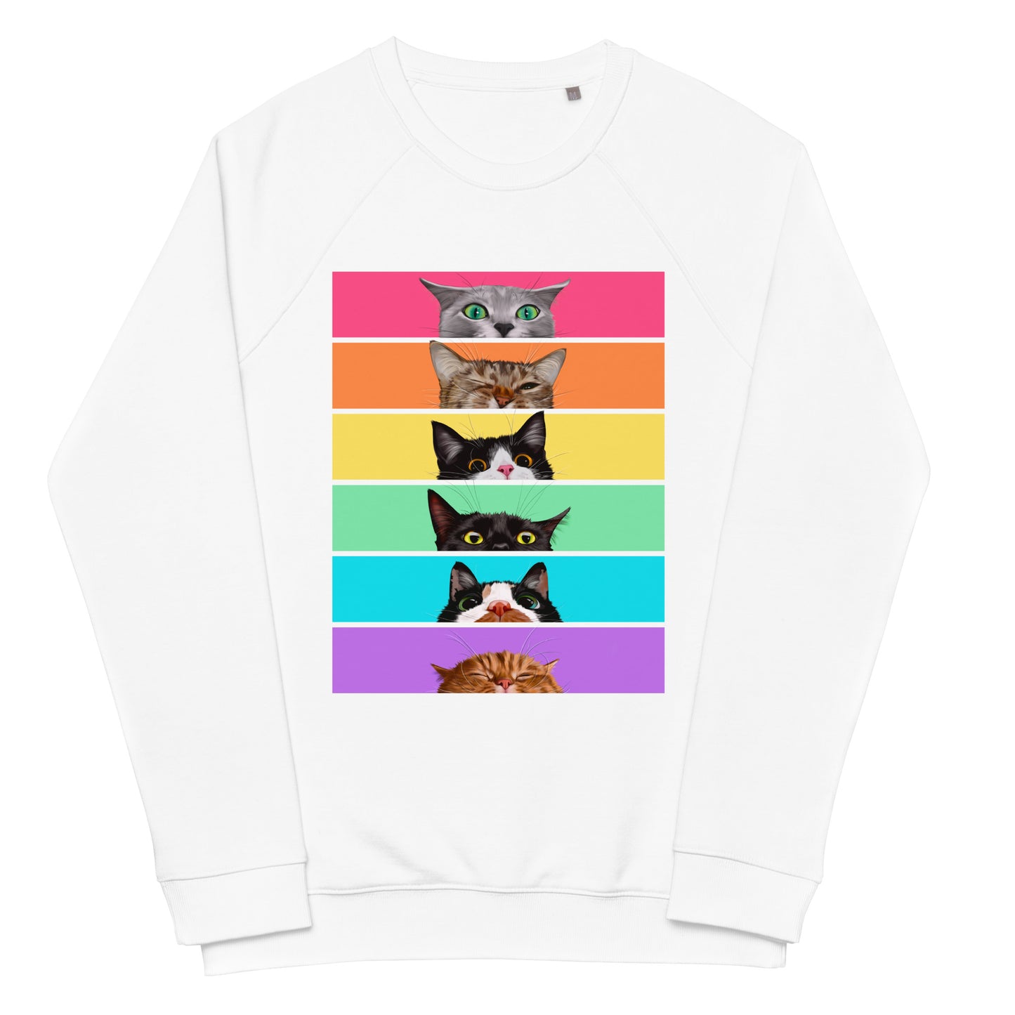 Peeking Rainbow Cats Unisex Organic Raglan Sweatshirt